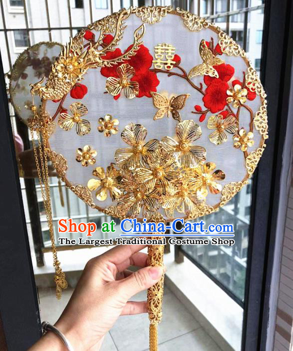 Chinese Handmade Bride Palace Fans Wedding Accessories Classical Golden Phoenix Round Fan for Women