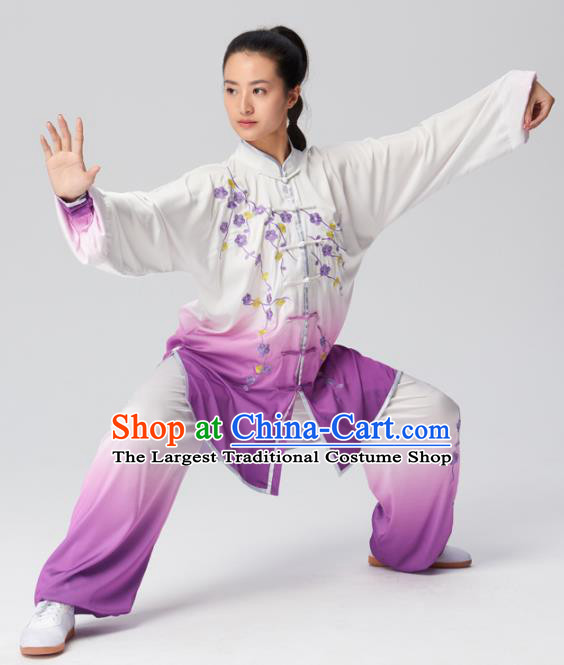 Chinese Traditional Kung Fu Tai Chi Group Embroidered Plum Blossom Purple Costume Martial Arts Competition Clothing for Women