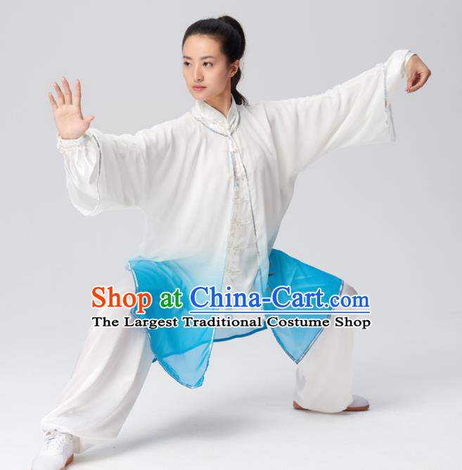 Chinese Traditional Tai Chi Group Embroidered Blue Silk Costume Martial Arts Kung Fu Competition Clothing for Women