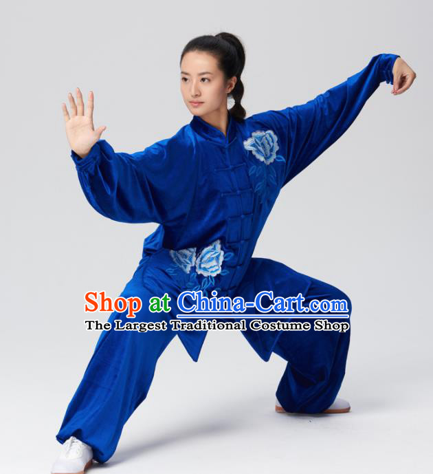 Chinese Traditional Tai Chi Group Royalblue Velvet Costume Martial Arts Kung Fu Competition Clothing for Women