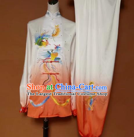 Chinese Traditional Tai Chi Group Embroidered Phoenix Orange Costume Martial Arts Kung Fu Competition Clothing for Women