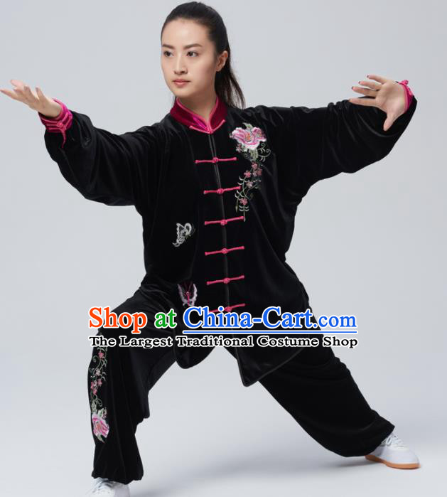 Chinese Traditional Tai Chi Group Embroidered Peony Black Velvet Costume Martial Arts Kung Fu Competition Clothing for Women