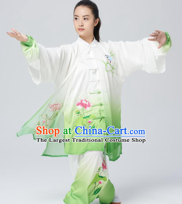 Chinese Traditional Tai Chi Group Embroidered Lotus Costume Martial Arts Kung Fu Competition Green Silk Clothing for Women