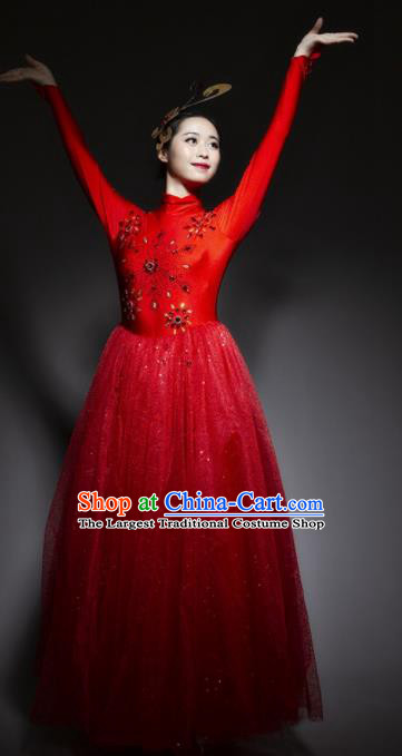 Chinese Traditional National Dance Red Veil Dress Modern Dance Stage Performance Costume for Women