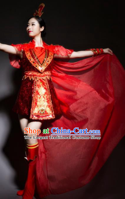 Chinese Traditional National Drum Dance Red Clothing Folk Dance Costume for Women