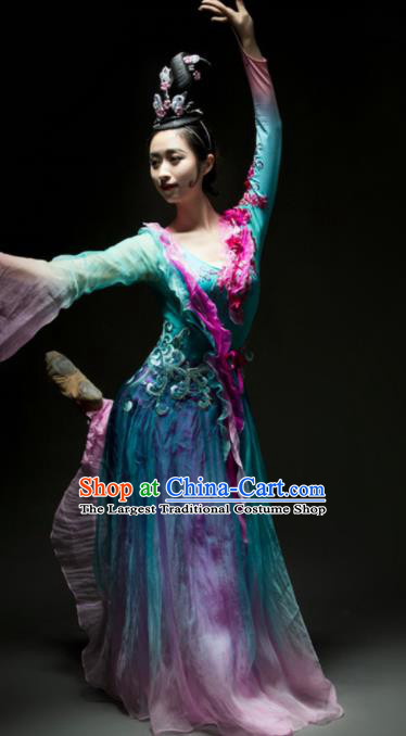 Chinese Traditional Classical Dance Costume Umbrella Dance Blue Dress for Women