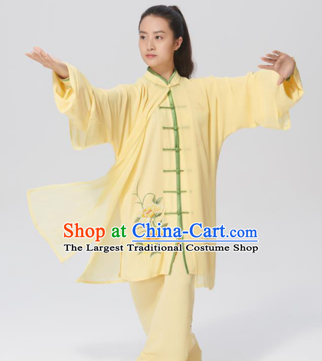 Chinese Traditional Tai Chi Group Embroidered Yellow Silk Costume Martial Arts Kung Fu Competition Clothing for Women