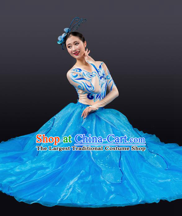 Chinese Traditional Chorus Blue Bubble Dress Modern Dance Stage Performance Costume for Women