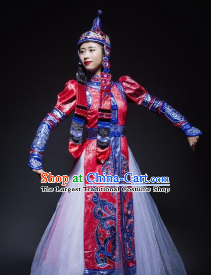 Chinese Traditional Mongol Nationality Costume Mongolian Ethnic Dance Embroidery Red Dress for Women