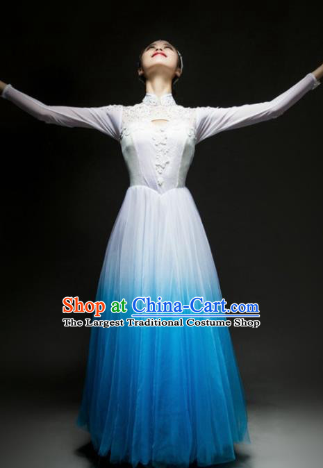 Chinese Traditional Chorus Blue Dress Modern Dance Stage Performance Costume for Women