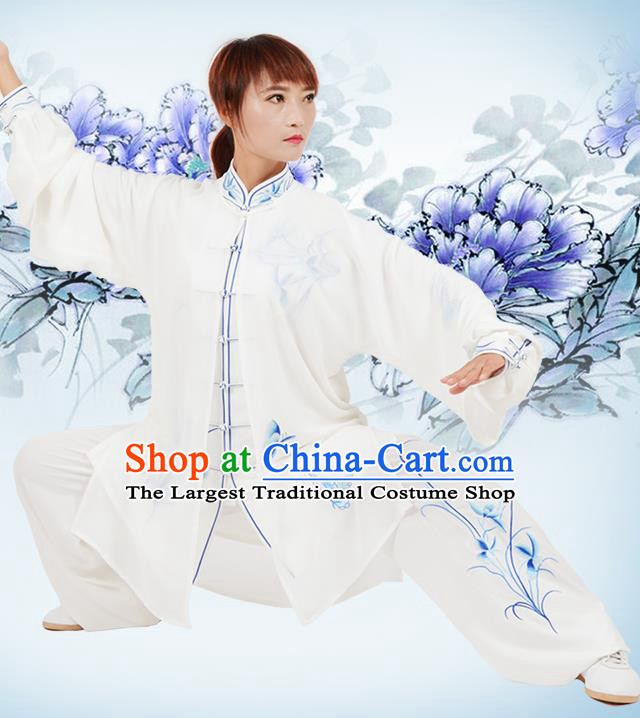 Chinese Traditional Kung Fu Printing Orchid White Costume Martial Arts Tai Ji Competition Clothing for Women