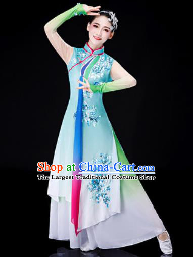 Chinese Traditional Classical Dance Blue Dress Umbrella Dance Stage Performance Costume for Women