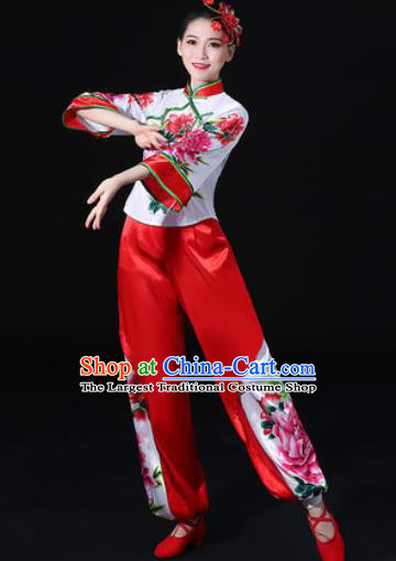 Chinese Traditional Folk Dance Printing Peony Clothing Group Yangko Dance Stage Performance Costume for Women