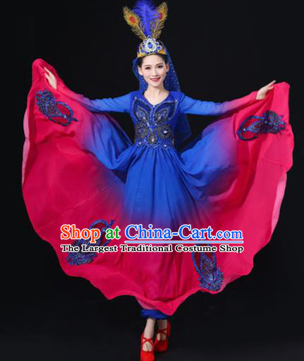 Traditional Chinese Uyghur Nationality Dance Blue Dress Uigurian Folk Dance Ethnic Costume for Women