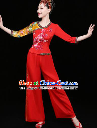 Chinese Traditional Folk Dance Clothing Group Yangko Dance Stage Performance Red Costume for Women