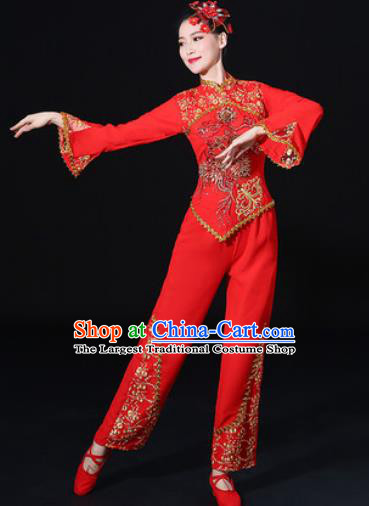 Chinese Traditional Fan Dance Red Clothing Group Yangko Dance Folk Dance Stage Performance Costume for Women