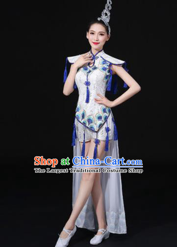 Chinese Traditional Drum Dance White Clothing Group Yangko Dance Folk Dance Stage Performance Costume for Women