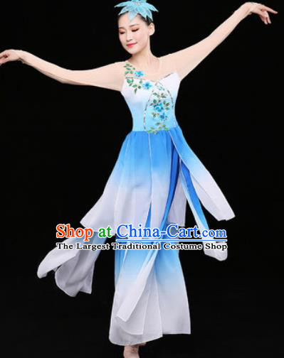 Chinese Traditional Classical Dance Lotus Dance Blue Dress Umbrella Dance Stage Performance Costume for Women