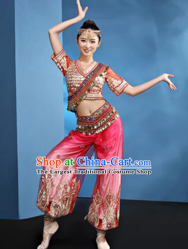 Traditional Chinese Folk Dance Stage Show Clothing Belly Dance Rosy Costume for Women