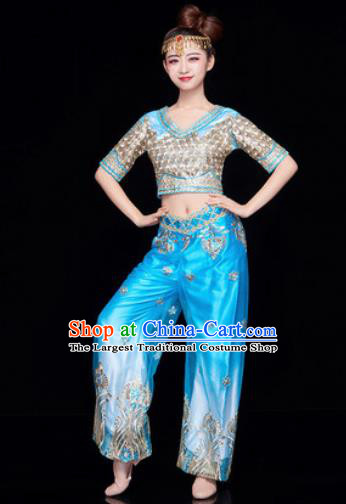 Traditional Chinese Folk Dance Stage Show Clothing Belly Dance Blue Costume for Women