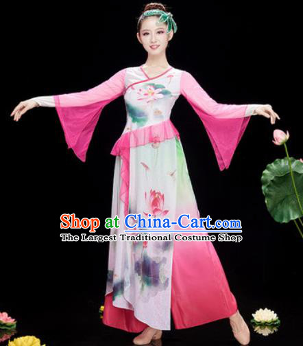 Chinese Traditional Umbrella Dance Printing Lotus Pink Dress Classical Dance Stage Performance Costume for Women