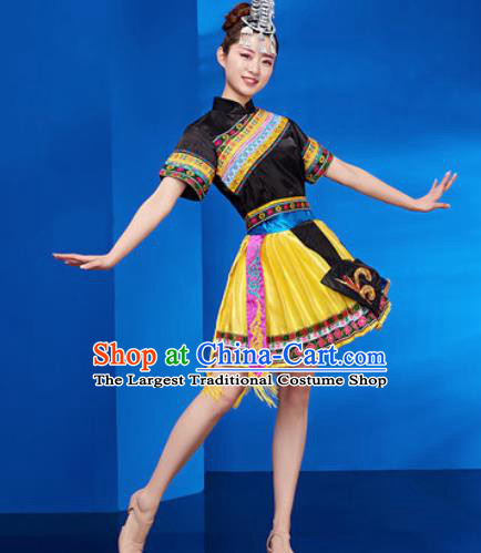 Traditional Chinese Zhuang Nationality Folk Dance Yellow Dress National Ethnic Dance Costume for Women