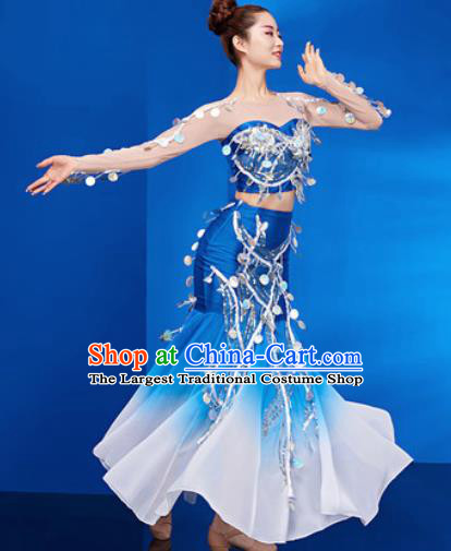 Traditional Chinese Dai Nationality Folk Dance Blue Dress National Ethnic Peacock Dance Costume for Women