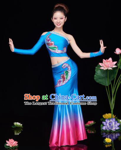 Traditional Chinese Dai Nationality Folk Dance Deep Blue Dress National Ethnic Peacock Dance Costume for Women