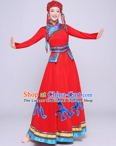 Traditional Chinese Mongol Nationality Folk Dance Red Dress National Ethnic Costume for Women