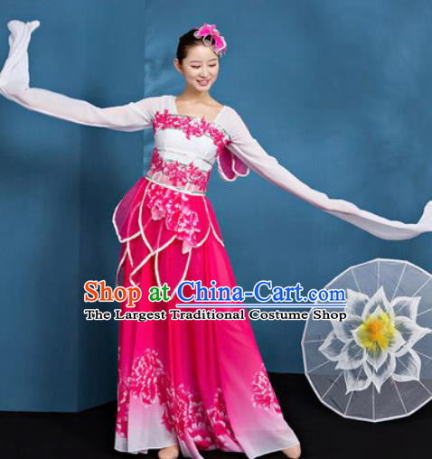 Chinese Traditional Umbrella Dance Rosy Dress Classical Lotus Dance Stage Performance Costume for Women