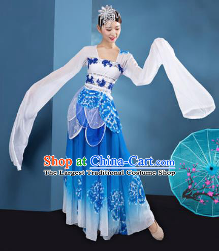 Chinese Traditional Umbrella Dance Blue Dress Classical Lotus Dance Stage Performance Costume for Women