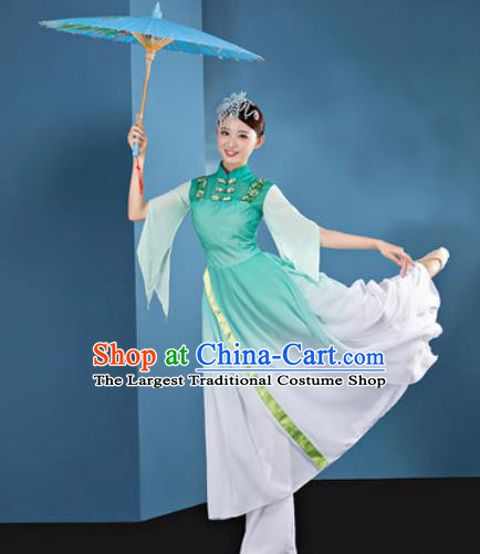 Chinese Traditional Umbrella Dance Green Dress Classical Lotus Dance Stage Performance Costume for Women