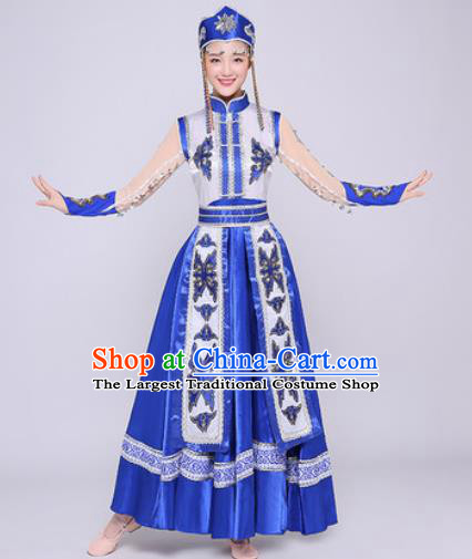 Traditional Chinese Mongol Nationality Folk Dance Royalblue Dress Mongolian National Ethnic Costume for Women