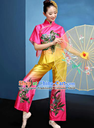 Traditional Chinese Folk Dance Fan Dance Clothing Yangko Dance Rosy Costume for Women