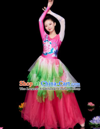 Chinese Traditional Opening Dance Chorus Rosy Veil Dress Modern Dance Stage Performance Costume for Women