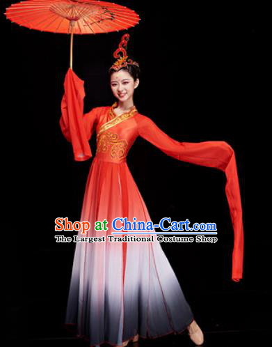 Chinese Traditional Umbrella Dance Water Sleeve Red Dress Classical Dance Stage Performance Costume for Women