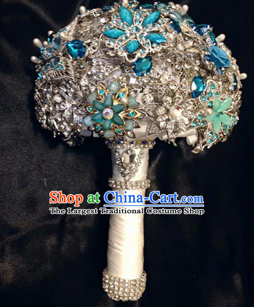 Top Grade Wedding Bridal Bouquet Hand Blue Crystal Ball Tied Bouquet Flowers for Women