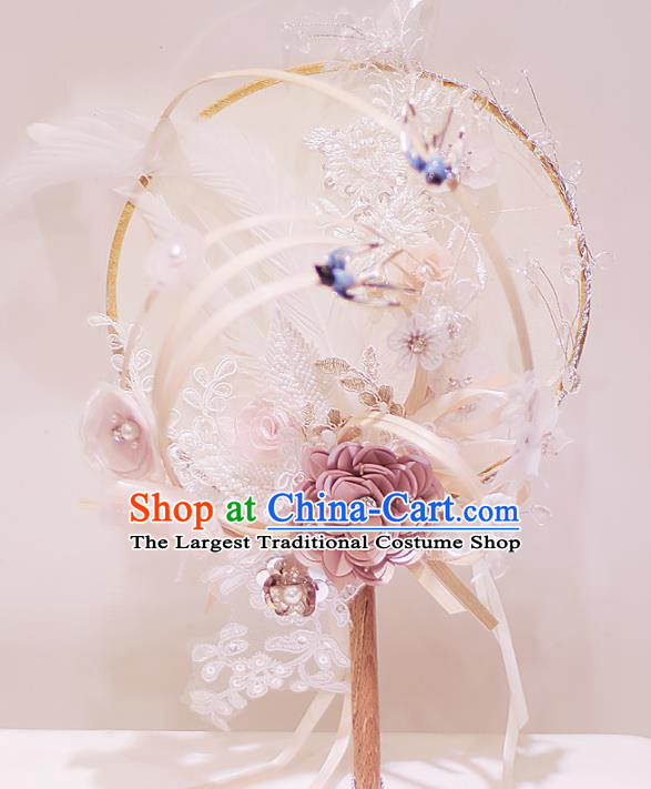 Chinese Traditional Wedding Round Fans Classical Bride Lace Flowers Palace Fan for Women