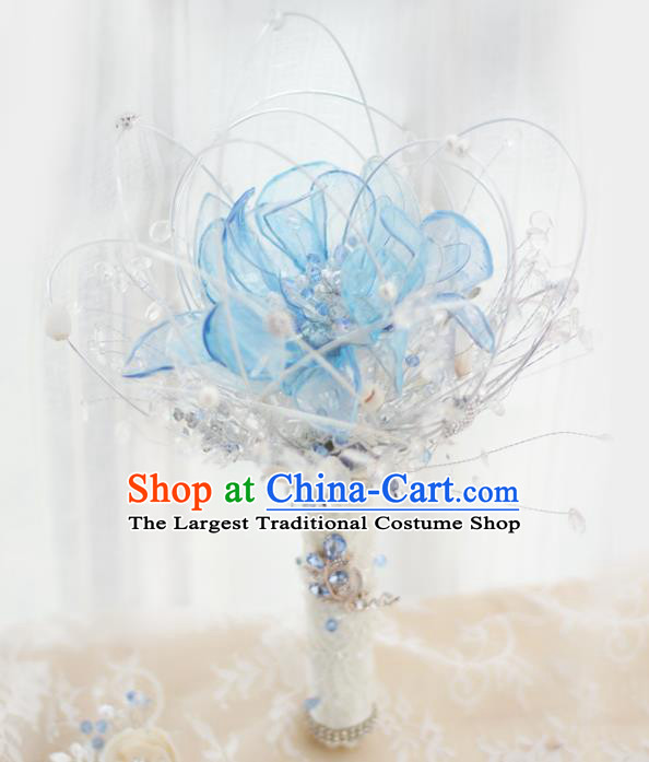 Chinese Traditional Wedding Bridal Bouquet Hand Crystal Blue Flowers Bunch for Women