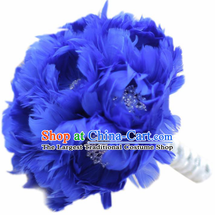 Top Grade Wedding Bridal Bouquet Hand Royalblue Feather Flowers Bunch for Women