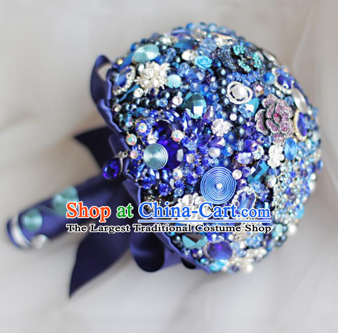 Top Grade Wedding Bridal Bouquet Hand Blue Crystal Flowers Bunch for Women