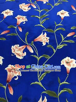 Asian Chinese Embroidered Greenish Lily Flower Pattern Royalblue Brocade Fabric Traditional Cheongsam Silk Fabric Material