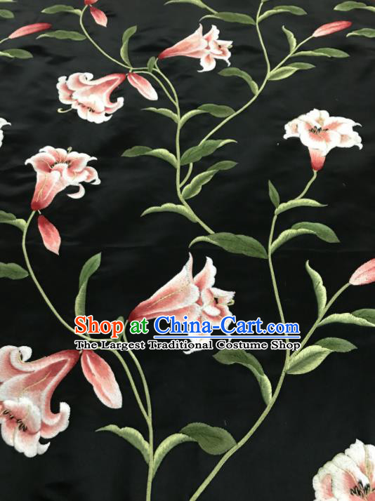 Asian Chinese Embroidered Lily Flowers Pattern Black Silk Fabric Material Traditional Cheongsam Brocade Fabric