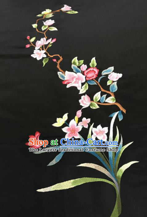 Asian Chinese Embroidered Orchid Pattern Black Silk Fabric Material Traditional Cheongsam Brocade Fabric