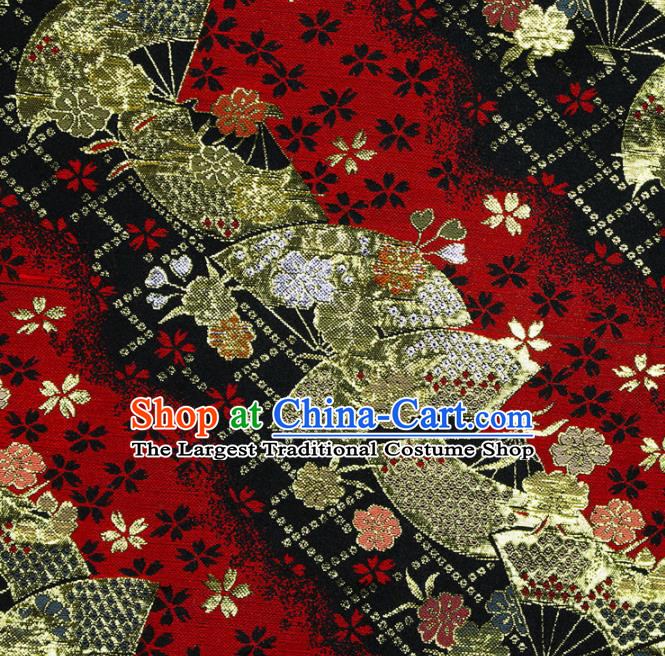 Asian Chinese Royal Fan Pattern Red Brocade Fabric Traditional Silk Fabric Kimono Material