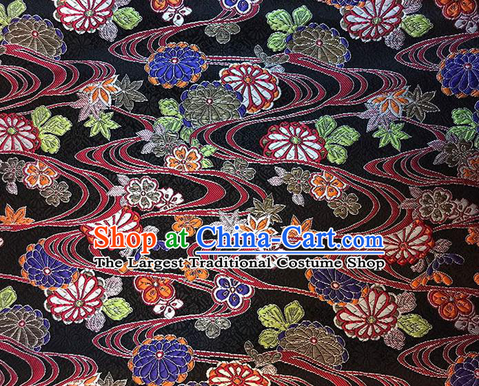 Asian Chinese Royal Round Flowers Pattern Black Brocade Fabric Traditional Silk Fabric Kimono Material