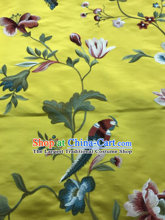 Asian Chinese Suzhou Embroidered Peony Birds Pattern Yellow Silk Fabric Material Traditional Cheongsam Brocade Fabric