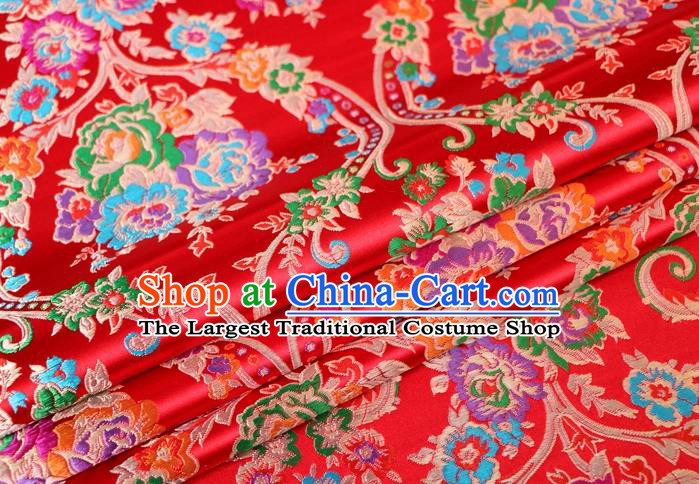 Asian Chinese Traditional Peony Pattern Red Nanjing Brocade Fabric Tang Suit Silk Material