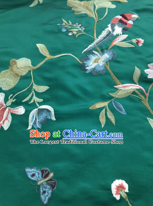 Asian Chinese Suzhou Embroidered Flowers Birds Pattern Green Silk Fabric Material Traditional Cheongsam Brocade Fabric