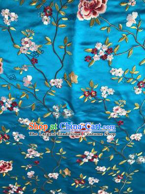 Asian Chinese Suzhou Embroidered Flowers Pattern Blue Silk Fabric Material Traditional Cheongsam Brocade Fabric